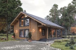 hochwertiges Holzhaus (Cambridge) mit Vollholzwänden, Wandstärke 200 oder 250 mm mit großer Terrasse 