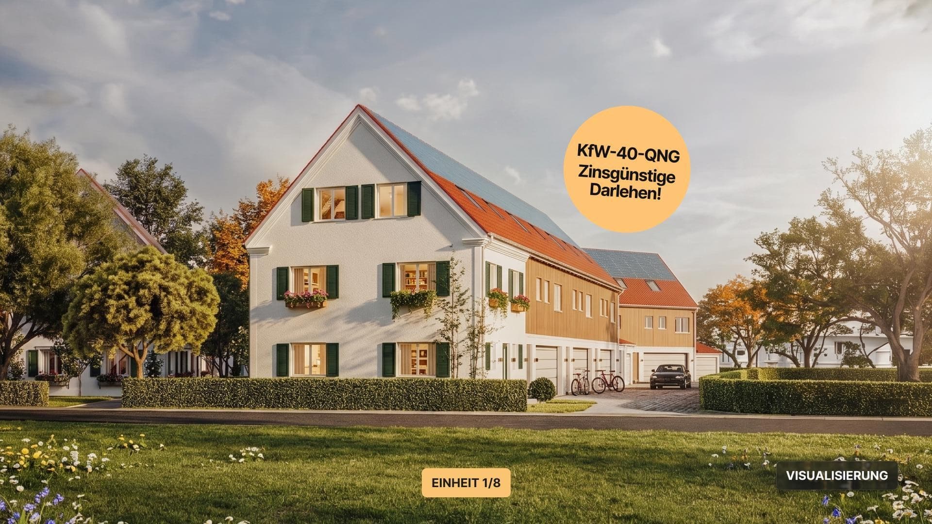 Einheit 1 – Reiheneckhaus in Landhausoptik mit Garten & Doppelgarage | KfW-40-QNG, Baubeginn erfolgt