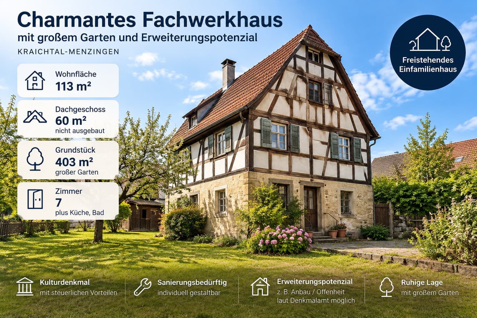 Mietkaufoption: Fachwerkhaus mit Erweiterungspotenzial in Kraichtal-Menzingen mit 400 m² Grundstück